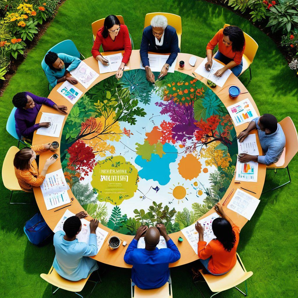 A digital collage depicting various community activities fueled by insights: people collaborating at a round table with charts and graphs, sharing ideas; a vibrant community garden filled with diverse individuals planting together; dynamic infographics floating in the air, symbolizing transformed information; a warm, inviting neighborhood background that emphasizes togetherness. super-realistic. vibrant colors. 3D.
