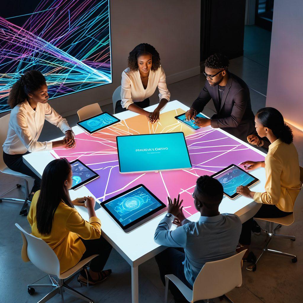 A diverse group of people gathered around a digital table, exchanging ideas and knowledge through laptops and tablets, with glowing lines connecting them representing their interactions. In the background, a vibrant digital network symbolizing the flow of information and support. Soft pastel colors and warmth radiating from their expressions, creating an inviting atmosphere. flat design. vibrant colors.